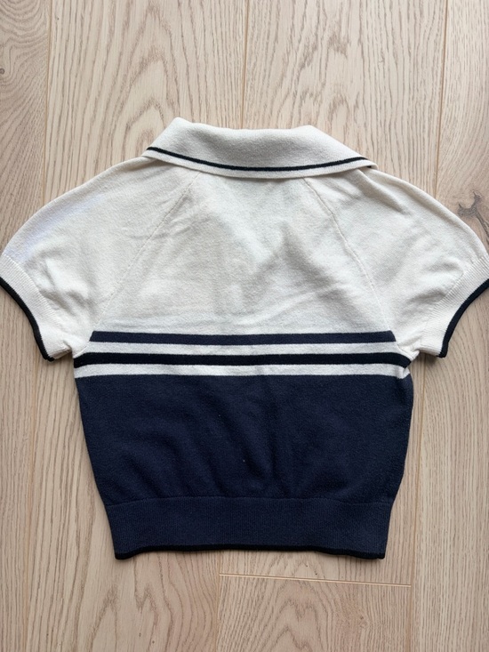 Aritzia TNA Assembly Knit Cropped Polo Sweater Navy White Stripe 2XS - Picture 7 of 8